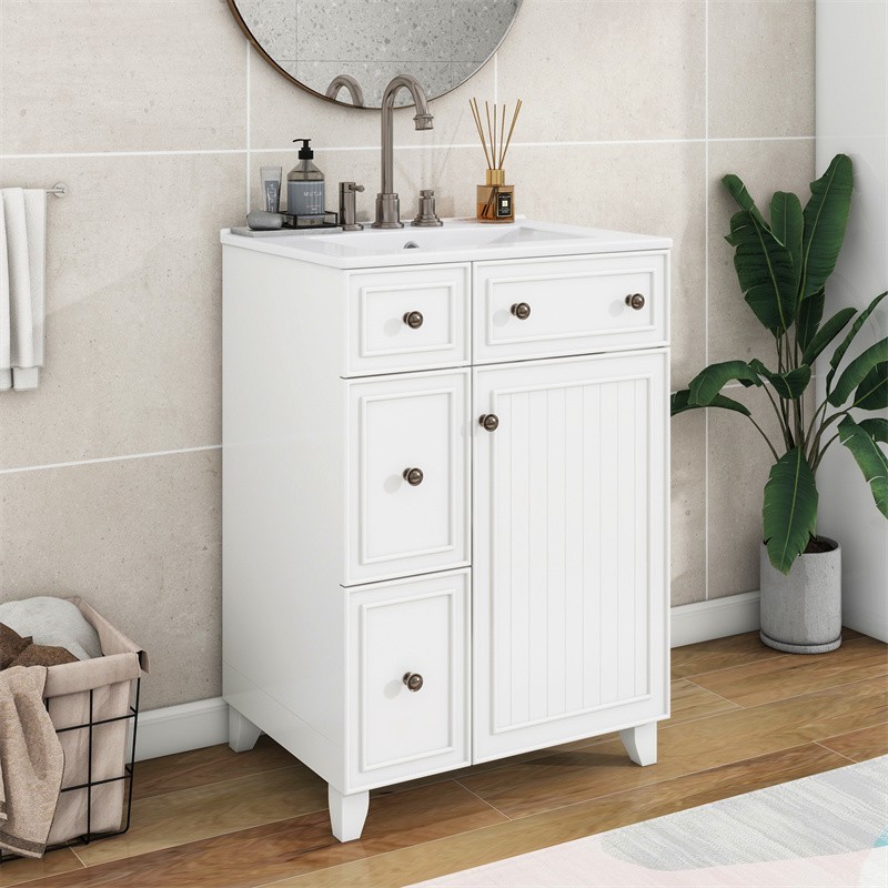 24″ White Bathroom Vanity Cabinet with Ceramic Sink,2 Drawers,1 Soft-Close Door