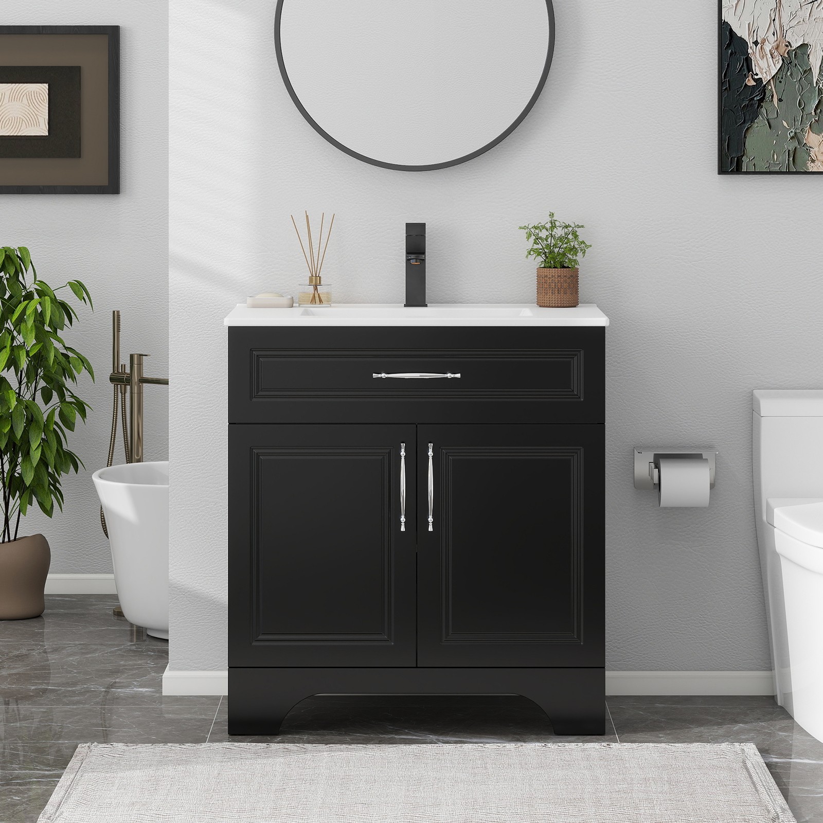 30″ Modern Bathroom Vanity with Sink | Storage Cabinet, Soft Close Doors, Black