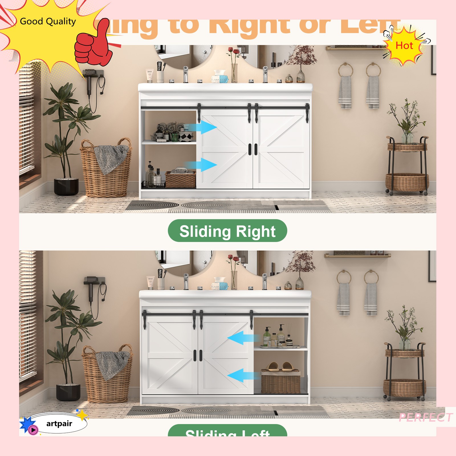 Large Vanity Cabinet Double Bathroom Top Ceramic Sink Countertop without Faucet