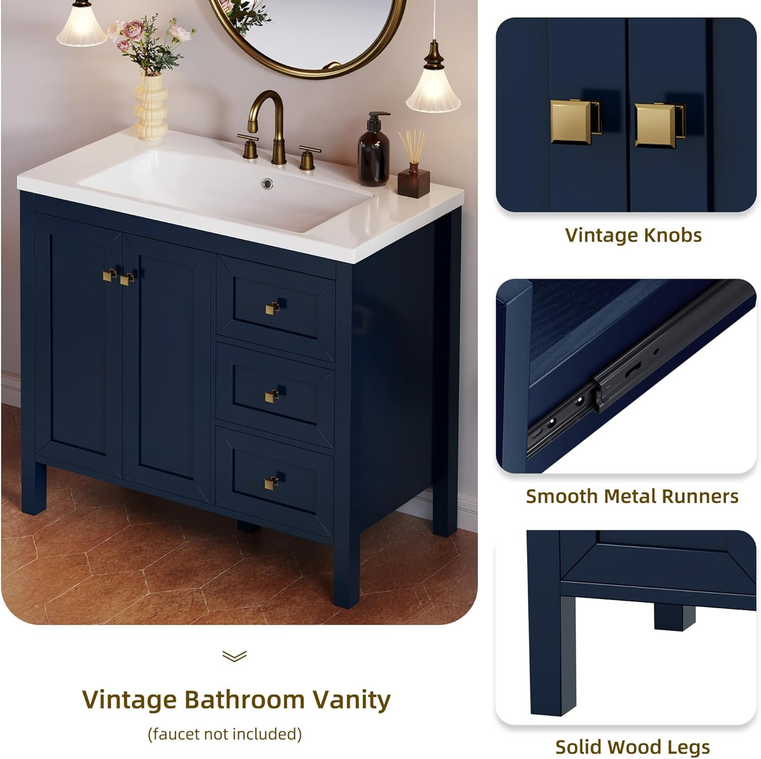 Navy Blue 36″ Vintage Bathroom Vanity with Sink, Soft-Closing Doors & Drawers