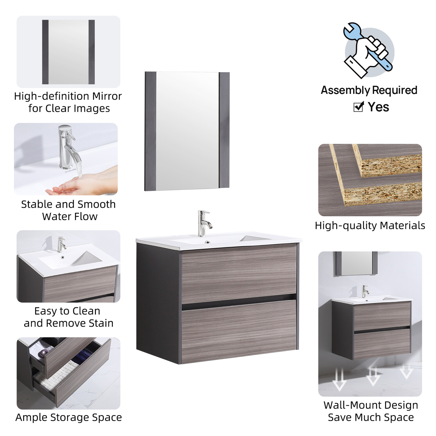 Wall-mount 24″ Bathroom Vanity Floating Cabinet Resin Basin Sink & Mirror Combo