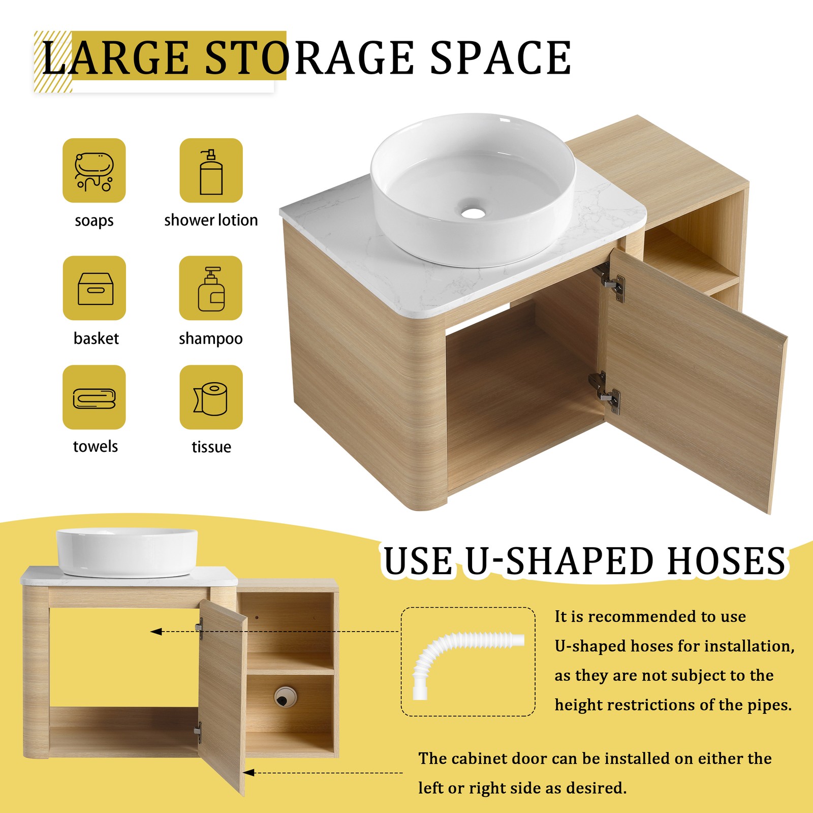 36in Plywood Floating Bathroom Vanity W/White Ceramic Basin Sink Storage Shelves