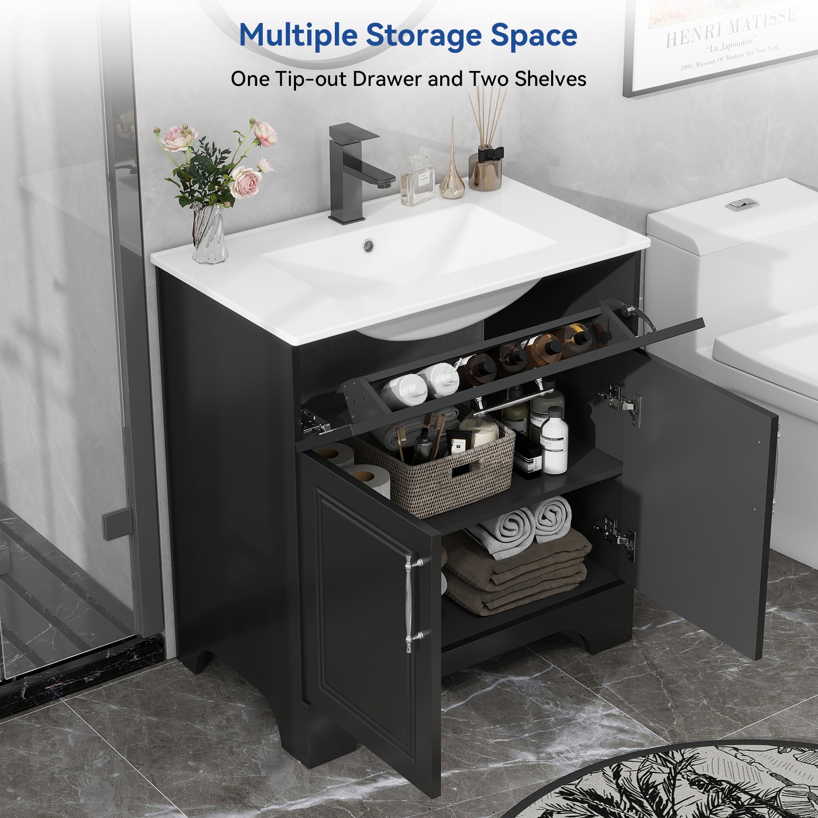30″ Modern Bathroom Vanity with Sink | Storage Cabinet, Soft Close Doors, Black