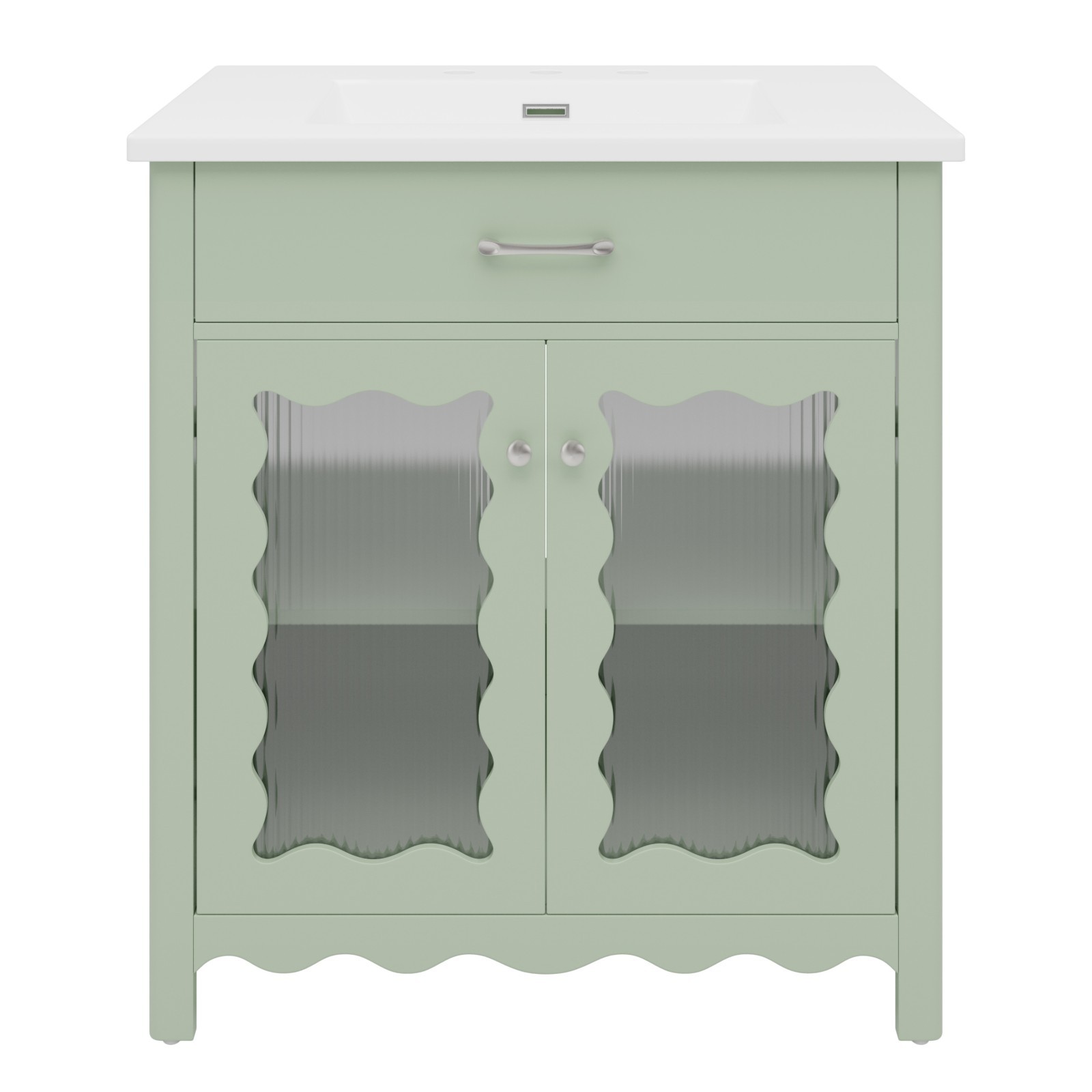 30 Inches Bathroom Vanity with Tempered Glass with Rubber Wood Legs and Doors