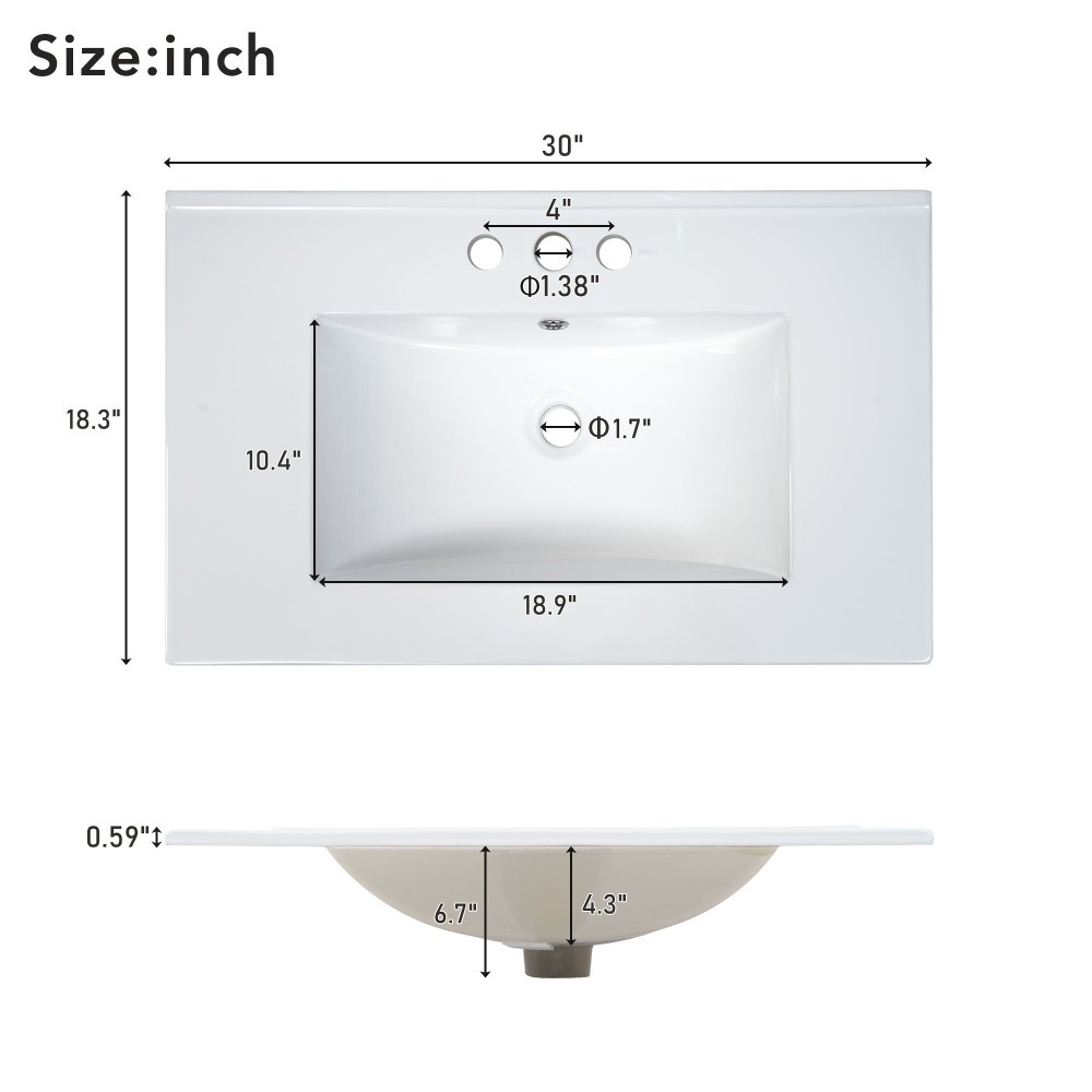 30″ MDF Bathroom Vanity Ceramic Sink Soft Close 2 Doors Adjustable Shelf Storage
