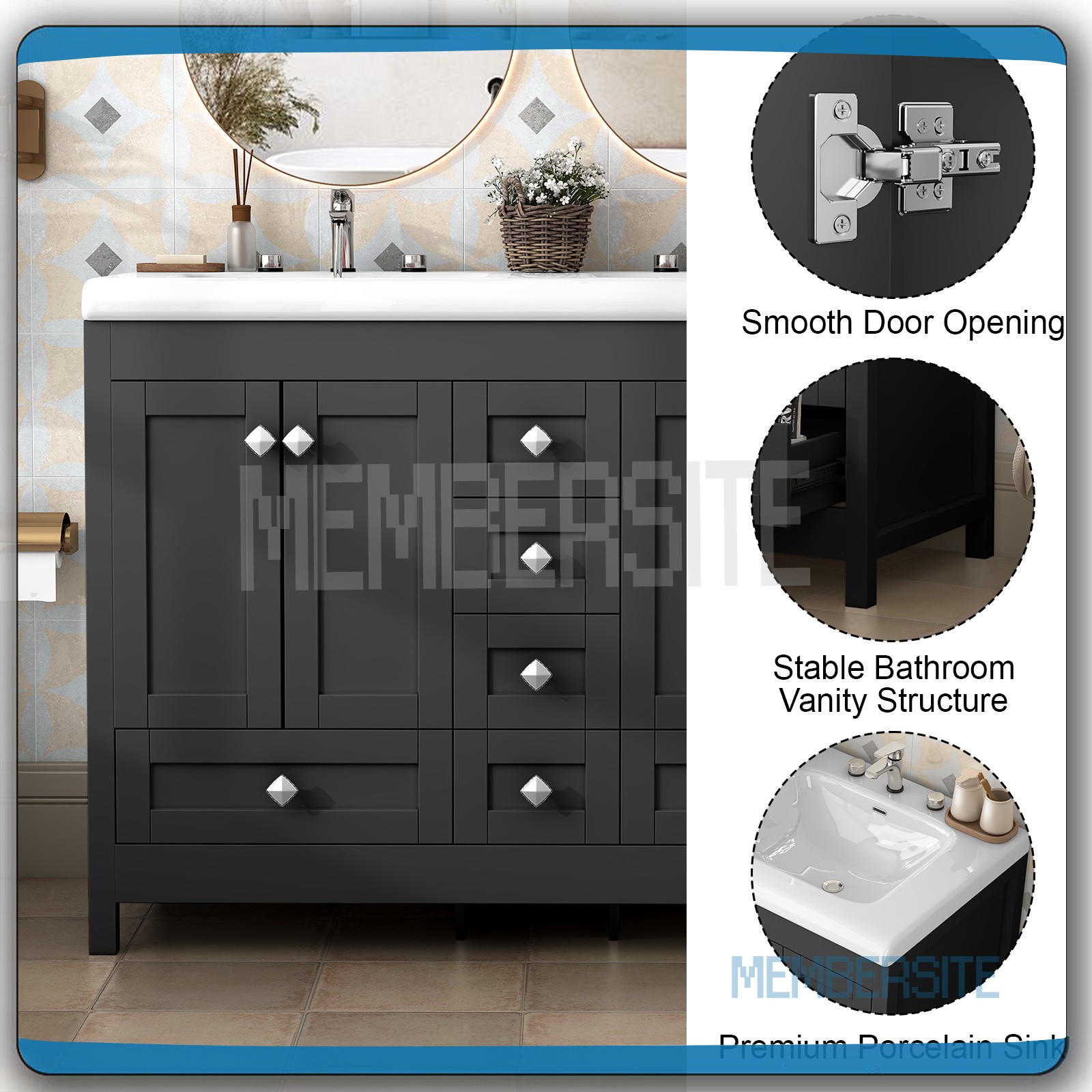 Black 47.3″ Bathroom Vanity Cabinet w/ 2 Ceramic Sinks Vanity Cabinet 6 Drawers