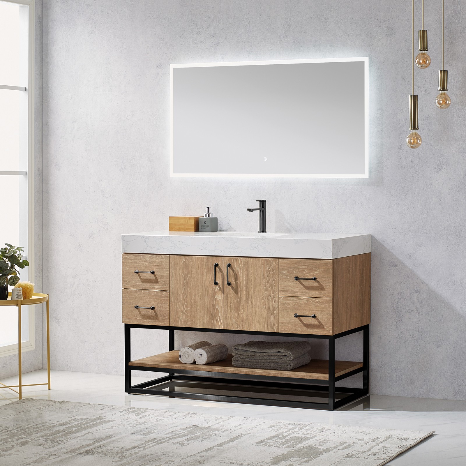 Vinnova Alistair 48″ White Stone Top Oak Single Vanity Black Frame w/o Mirror