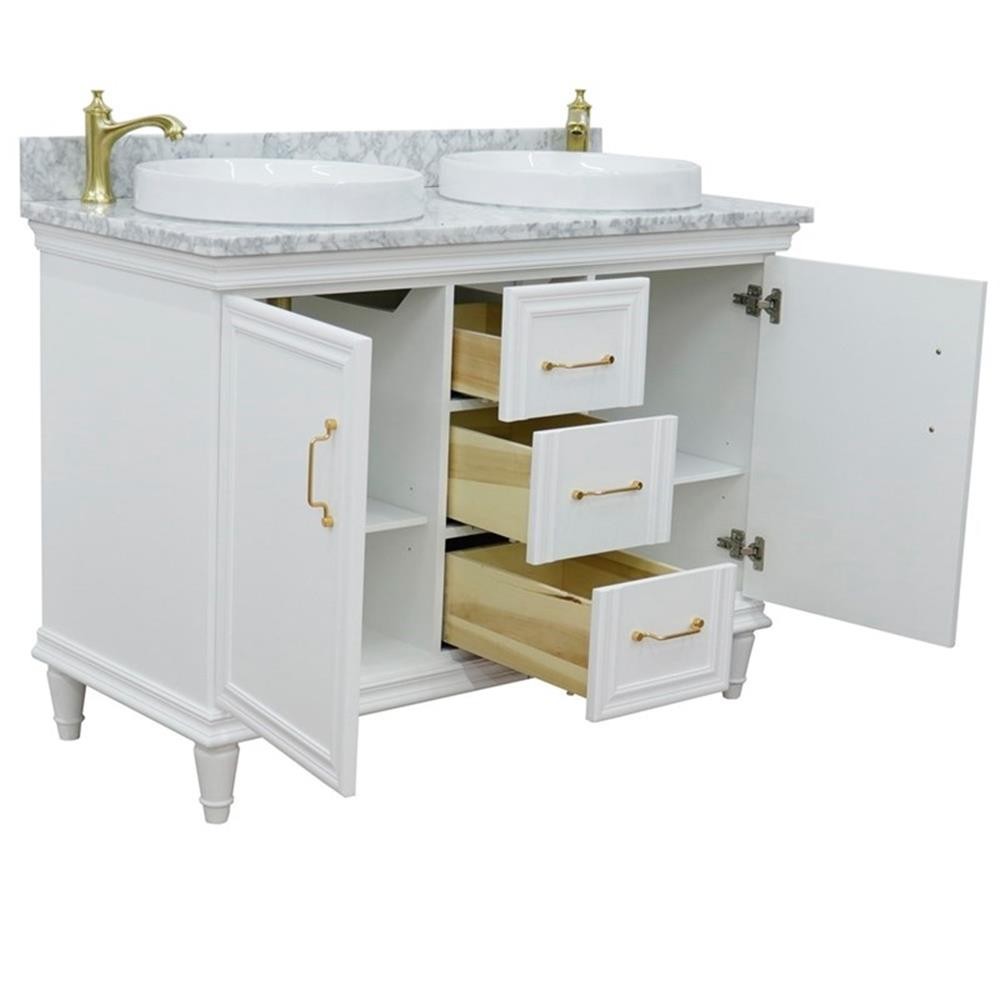 49 in. Double Wooden Vanity White with White Carrara Round Sink