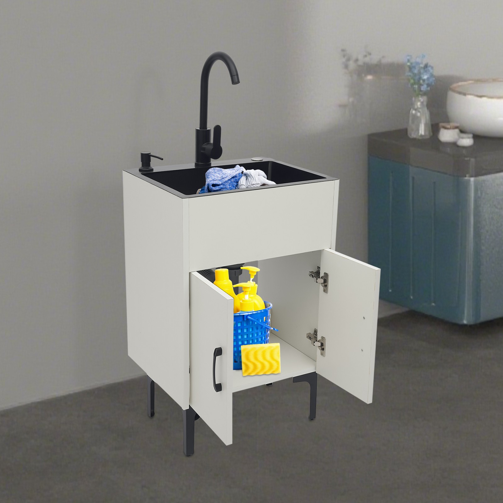 20″ Laundry Sink Cabinet w/ Faucet, Freestanding Utility Sink Cabinet w/ Storage