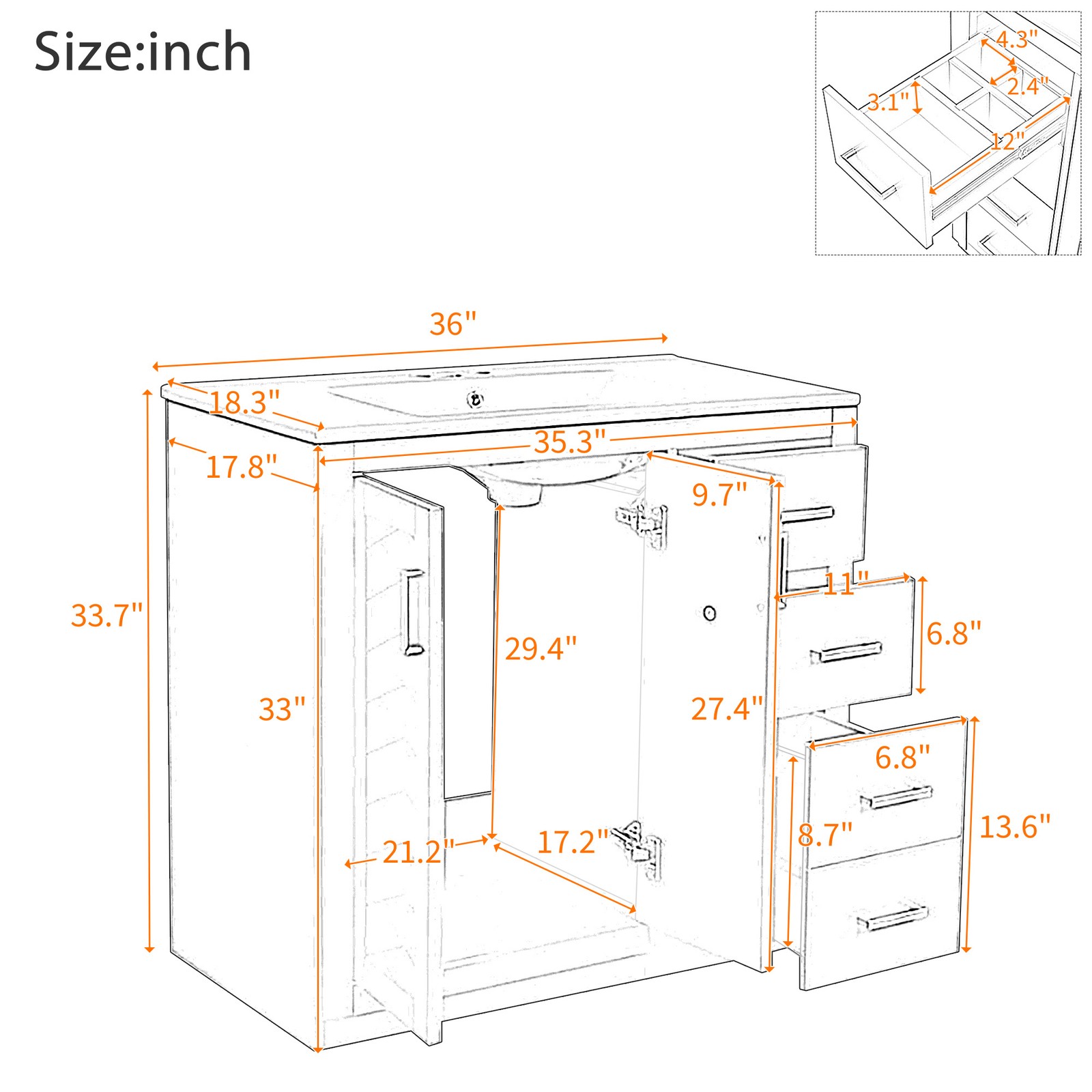 36″ Bathroom Vanity with Ceramic Sink, Solid Wood Frame, 3 Drawers & Doors