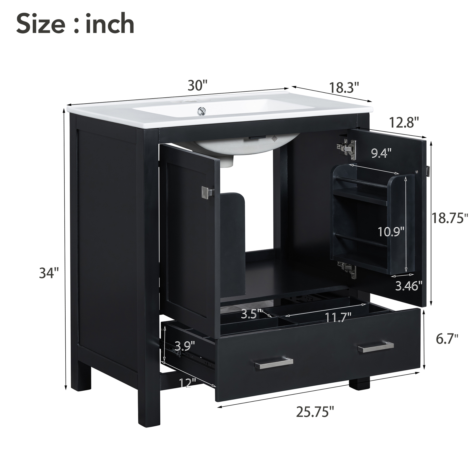 30″ Bathroom Vanity w/White Resin Basin Sink Top with 2 Doors and Big Drawer