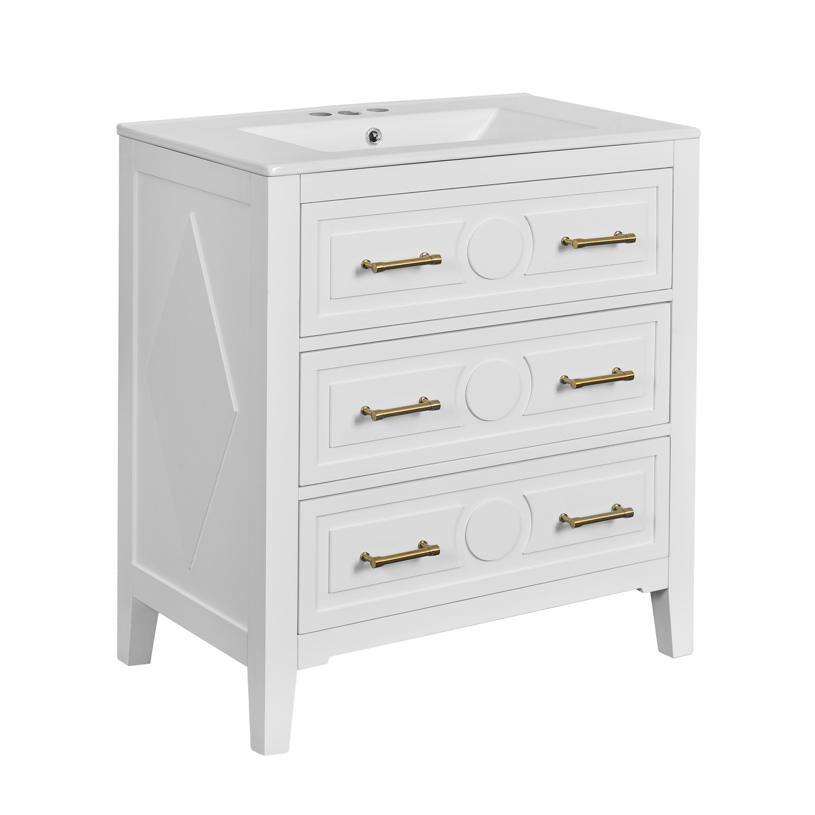 30″ Bathroom Vanity with Ceramic Sink Combo, White, 3 Drawers