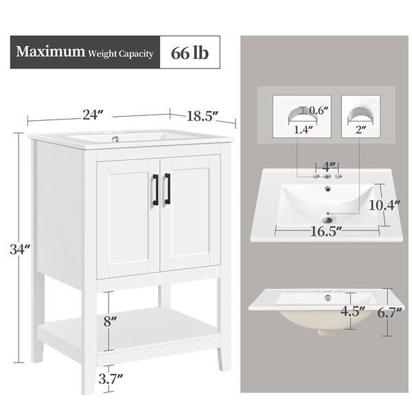 Bathroom Vanities Cabinet with Sink Combo Set 24x19x34 Inch for Bathroom, White