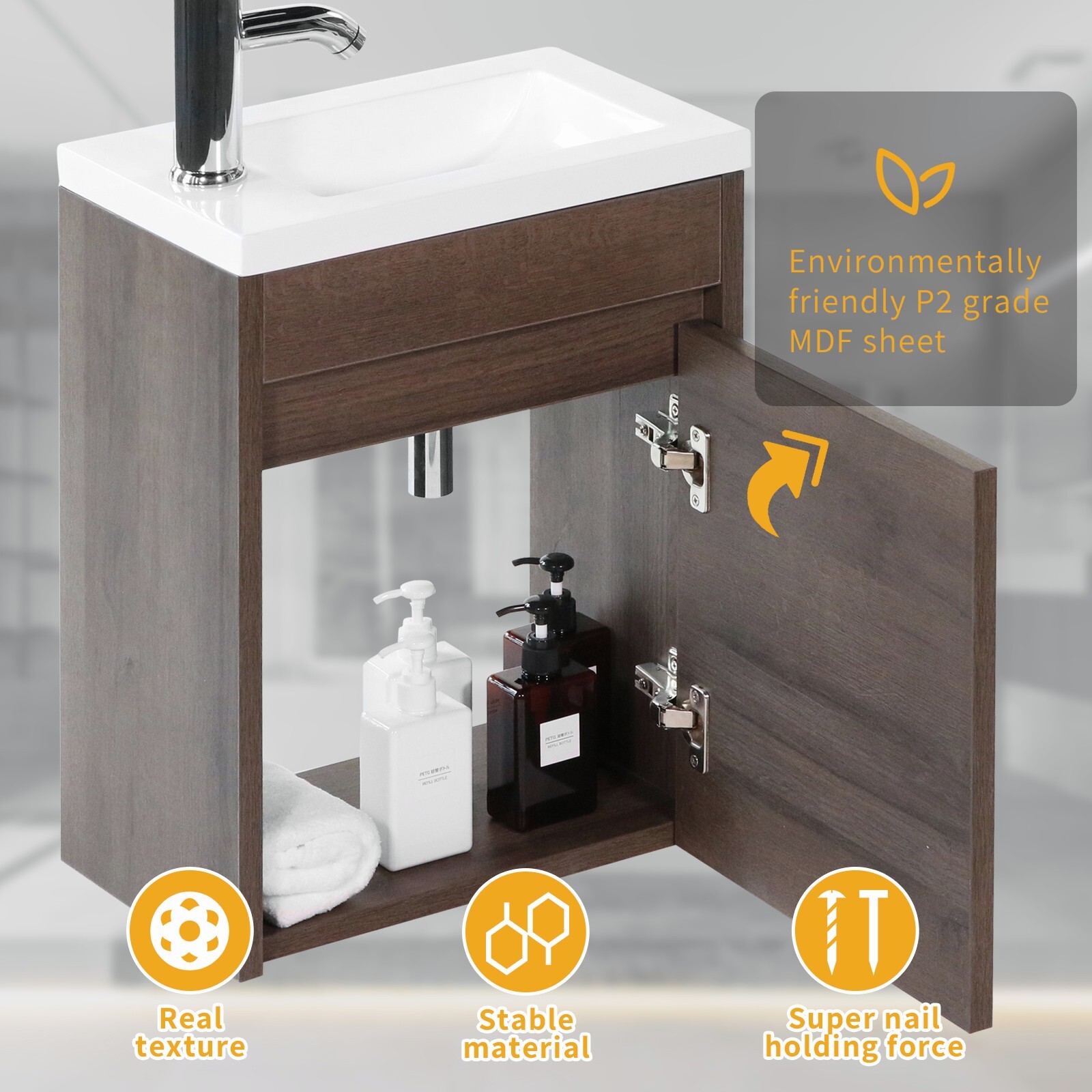 16″ Bathroom Vanity With Sink Wall Mount Floating Cabinet for Small Roomw/Faucet