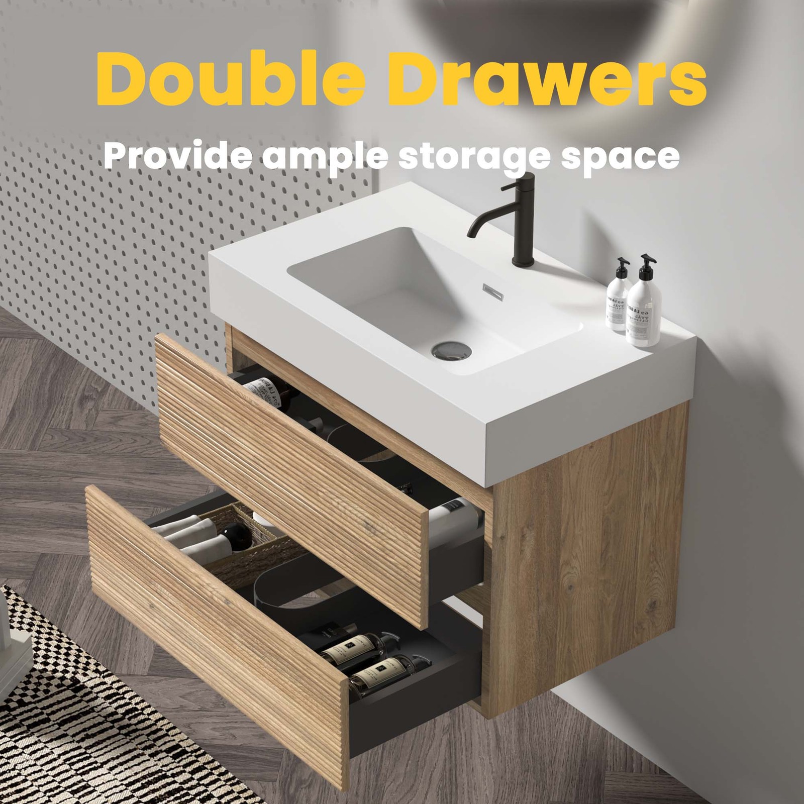 30″ Rough Oak Floating Bathroom Vanity with White Sink & Drawers