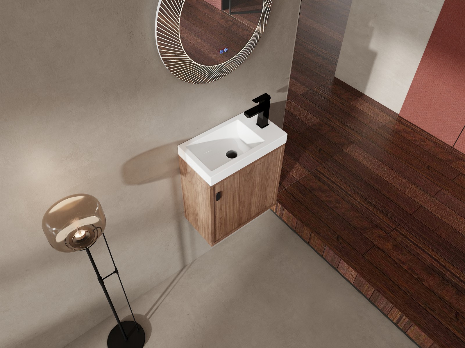 18.5″ Walnut Wall Mounted Floating Bathroom Vanity W/ Door Storage W/ Resin Sink