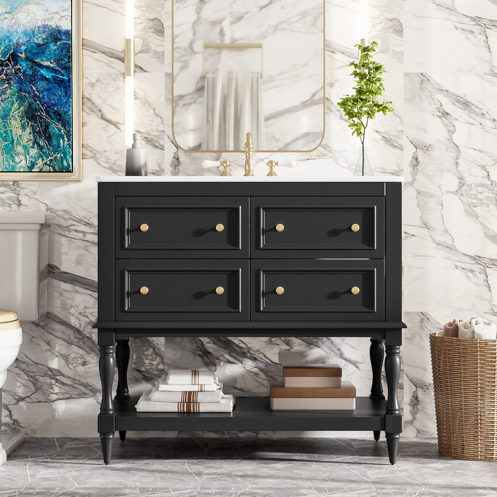 36″ Bathroom Vanity Cabinet with Sink Combo Set, 4 Drawers, Black