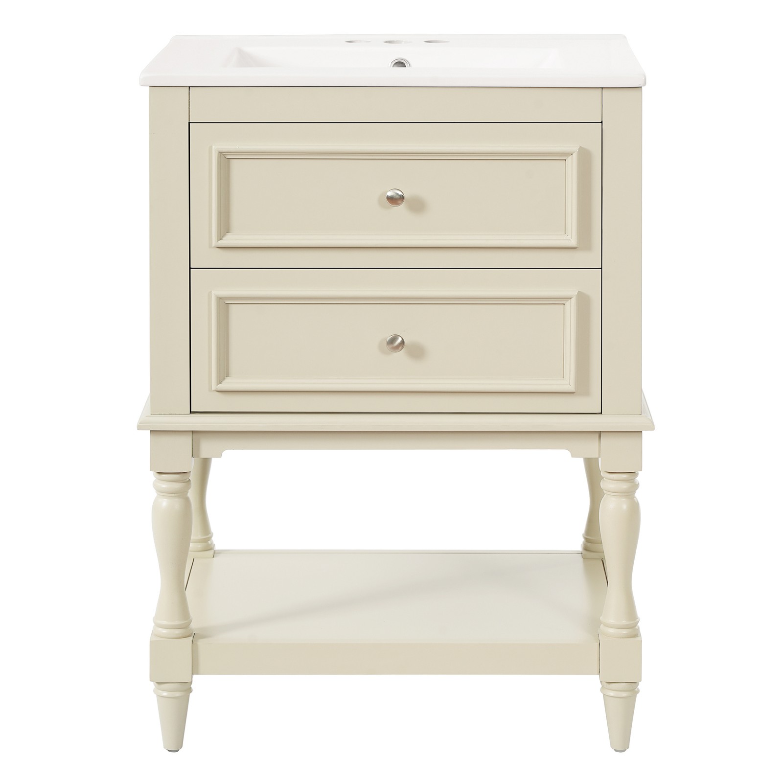 FUNIDEE 24″ Bathroom Vanity with Ceramic Sink Storage Cabinet w/ 2 Drawers Beige