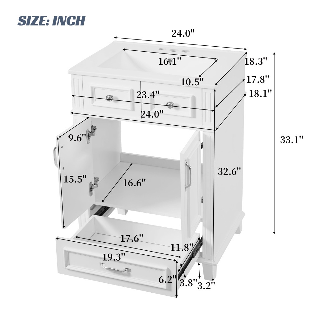 24″ Bathroom Vanity w/ Ceramic Sink, Solid Wood Frame, Soft Close Doors, White