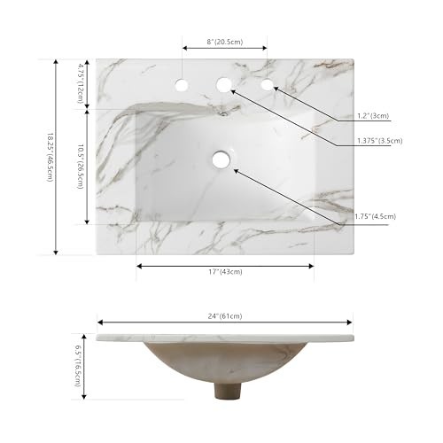 24” Rectangular Ceramic Vanity Top – Classic Contemporary Sink Basin, White Marb