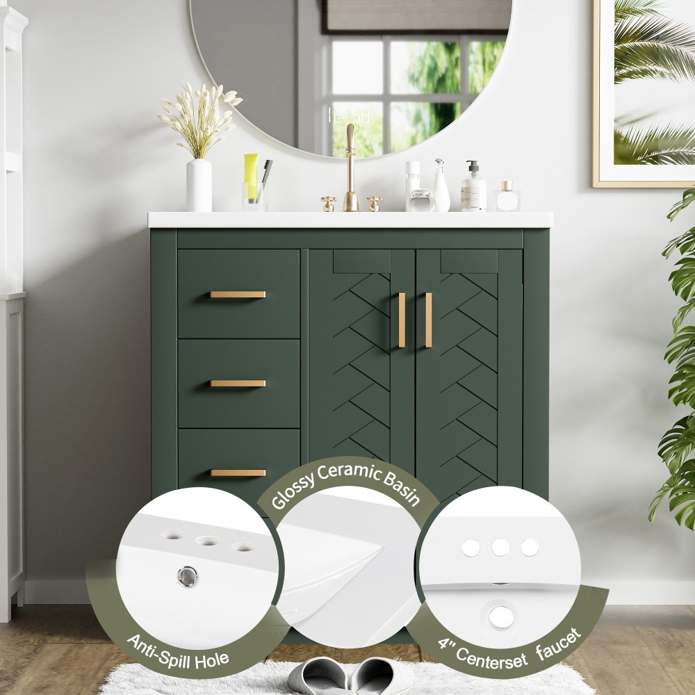 30” Bathroom Vanity with Ceramic Sink Combo,Solid Wood Frame Bathroom Storage