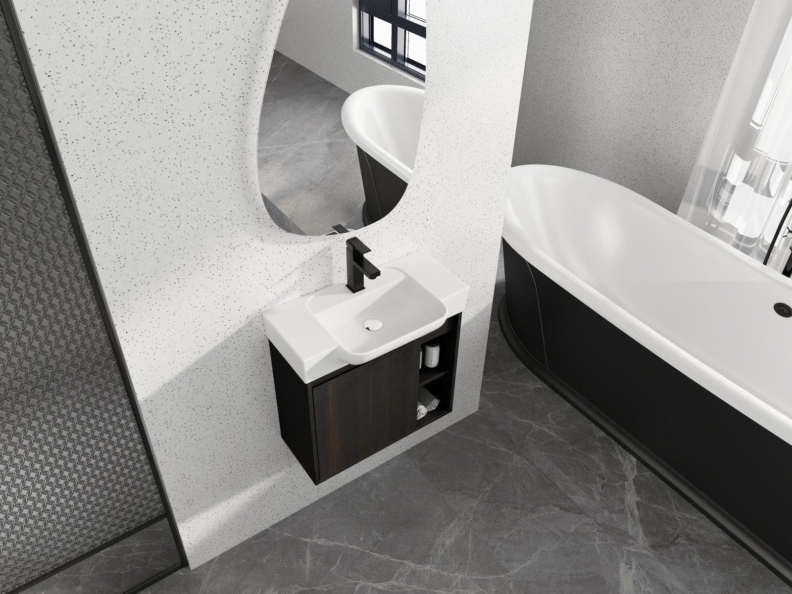 24″ Plywood Wall-Mounted Bathroom Vanity Cabinet W/ White Ceramic Sink Dark Oak