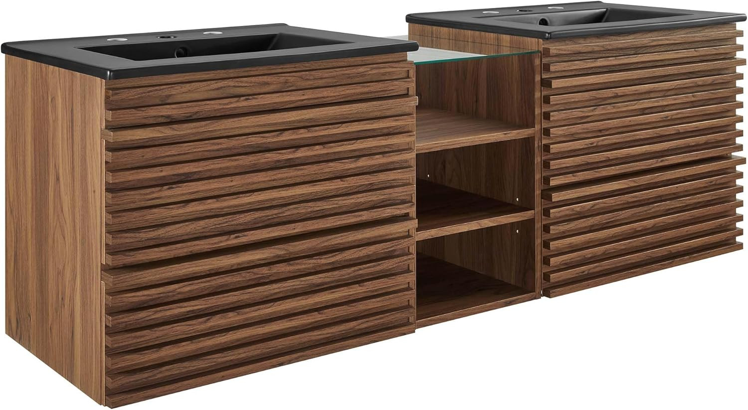 62″ Mid-Century Modern Floating Bathroom Vanity with Double Sink in Walnut Black