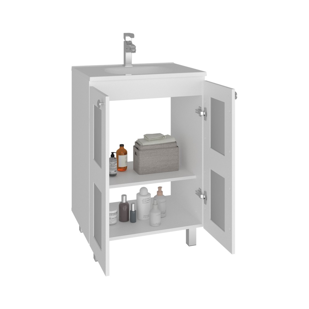 35″ White Bathroom Vanity w/ Resin Sink & Frosted Glass Doors