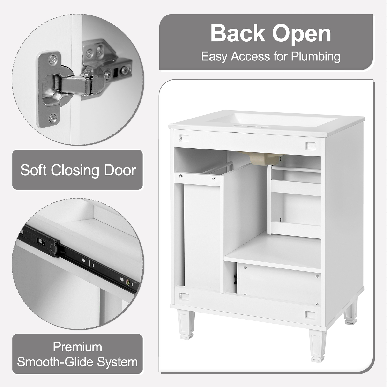 24″ Bathroom Vanity w/Ceramic Sink And Storage Cabinet Drawers Solid Wood Frame