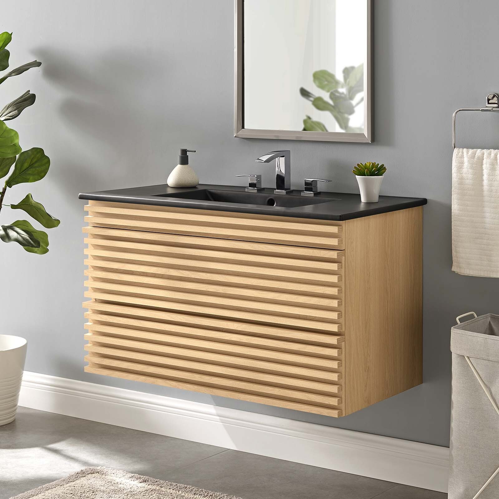Modway Render 36″ Wall-Mount Bathroom Vanity in Oak Black