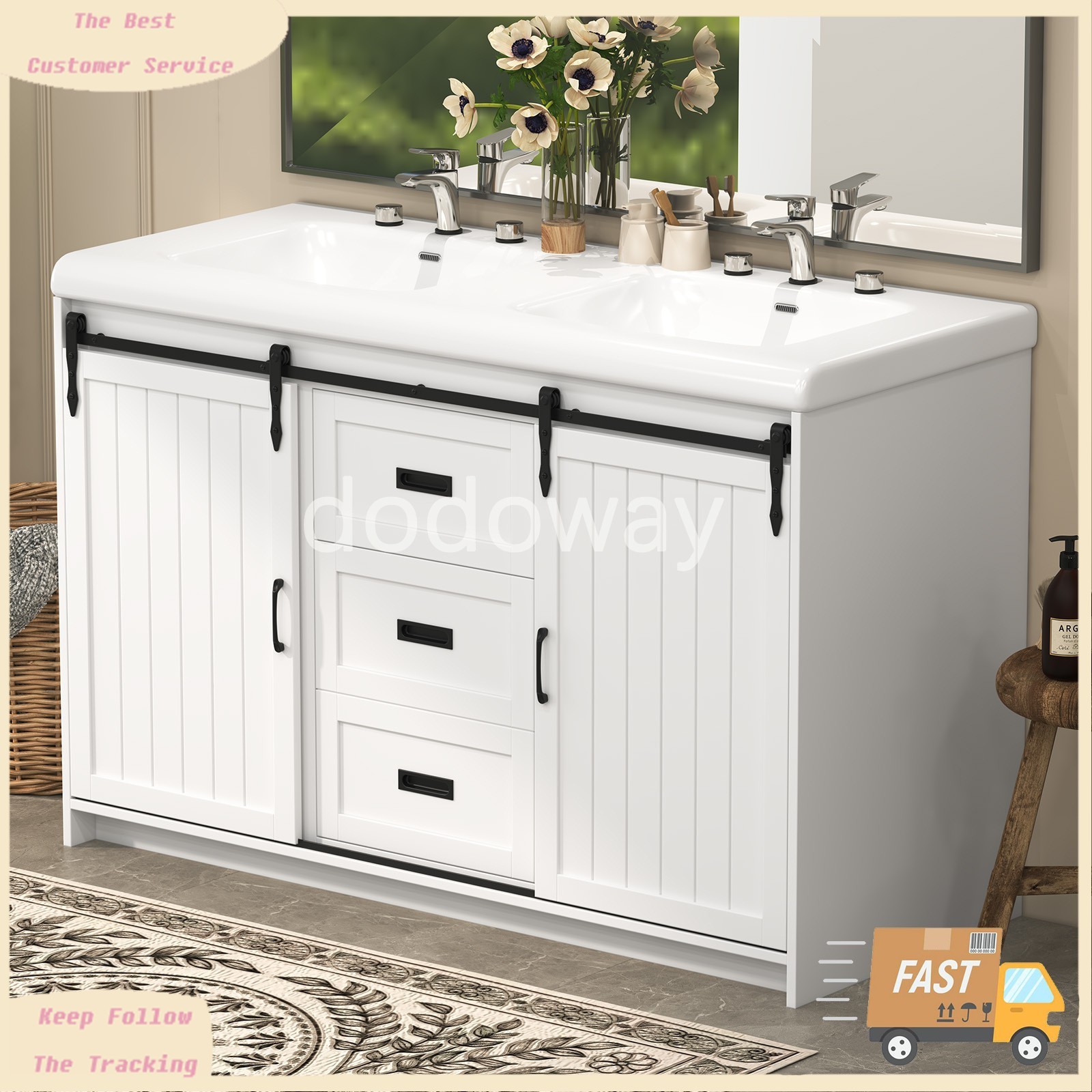 47″ Large Bathroom 2 Vanity Ceramic Sink Set Cabinet with Drawers & Cabinets