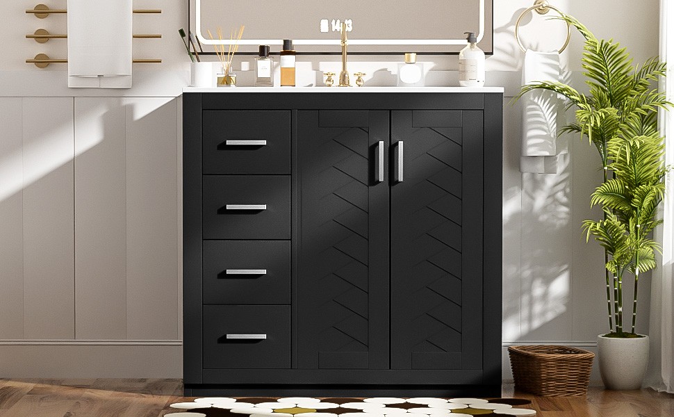 36″ Bathroom Vanity with Ceramic Sink, Solid Wood Frame, 3 Drawers