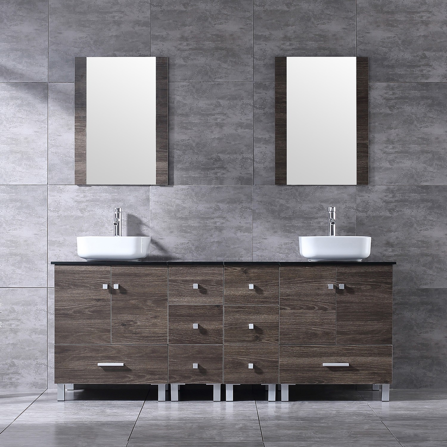72 inch Double Sink Bathroom Vanity Cabinet Ceramic Vessel Sink w/Mirror Faucet