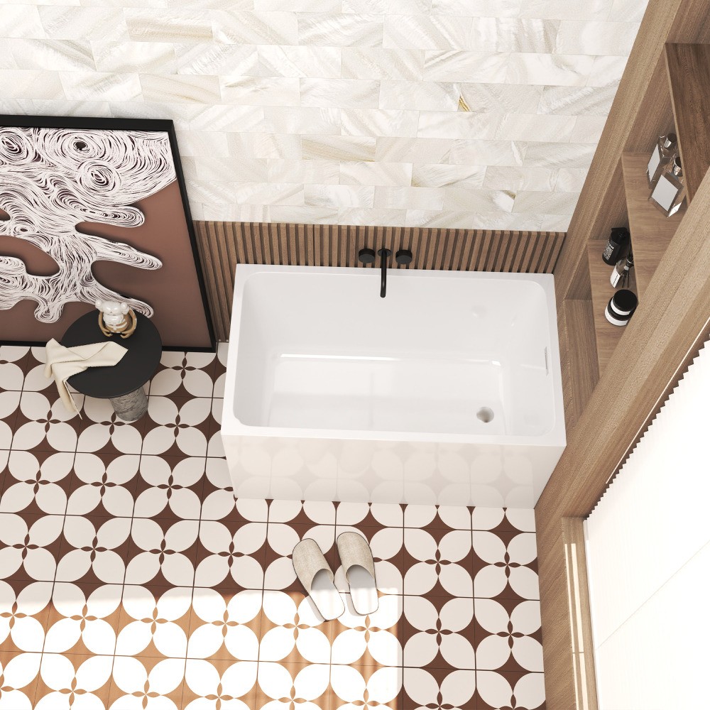 White Rectangular 47×28-inch Acrylic Soaking Tub, Chrome Drain, Easy Clean