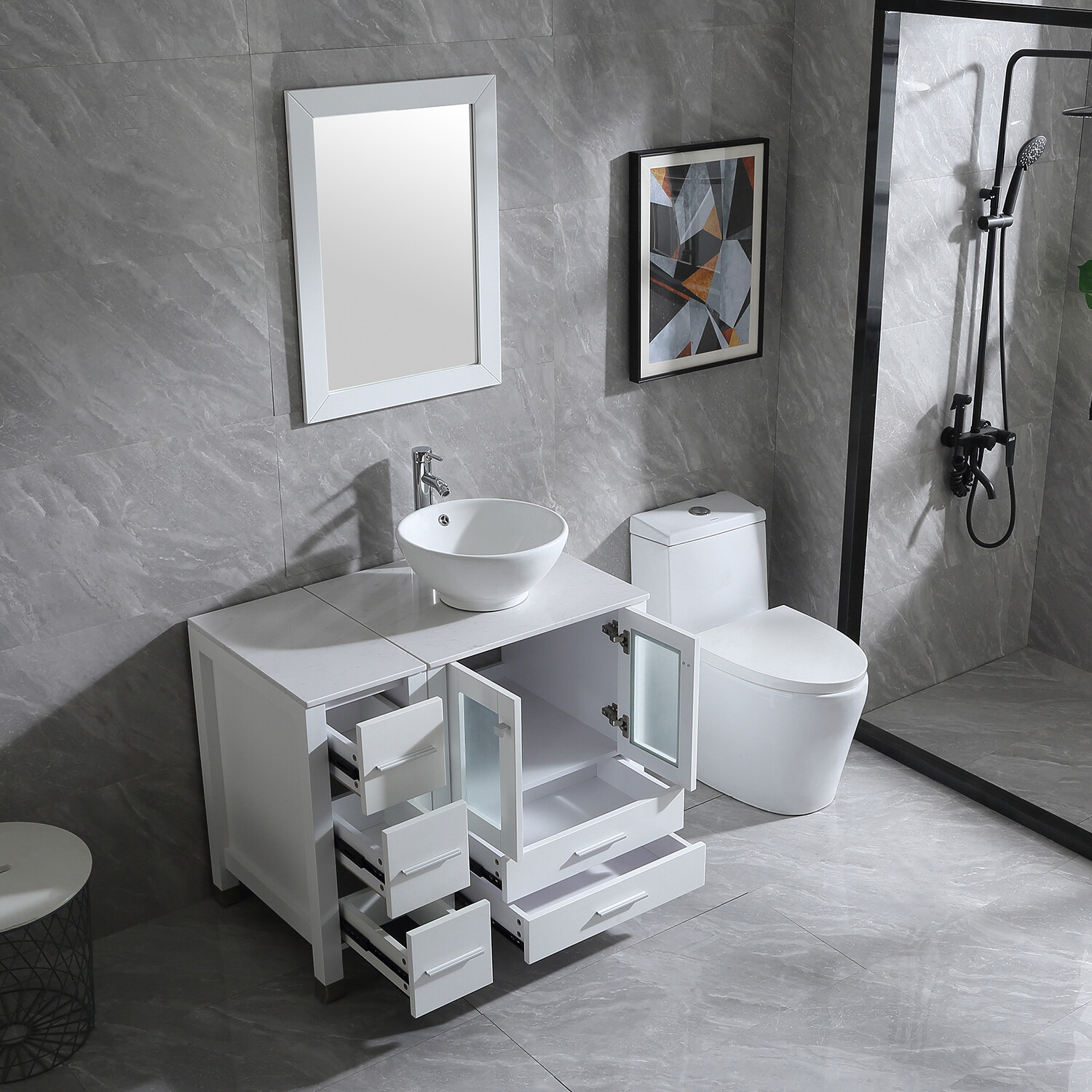 36″ Bathroom Vanity Cabinet Ceramic Vessel Sink Stone Top w/Mirror & Drain Combo