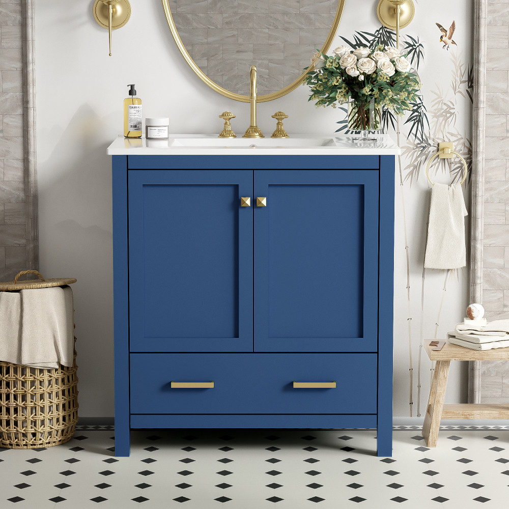 30″ Transitional Bathroom Vanity,Ceramic Sink,2 Door Cabinet & Drawer,Solid Wood