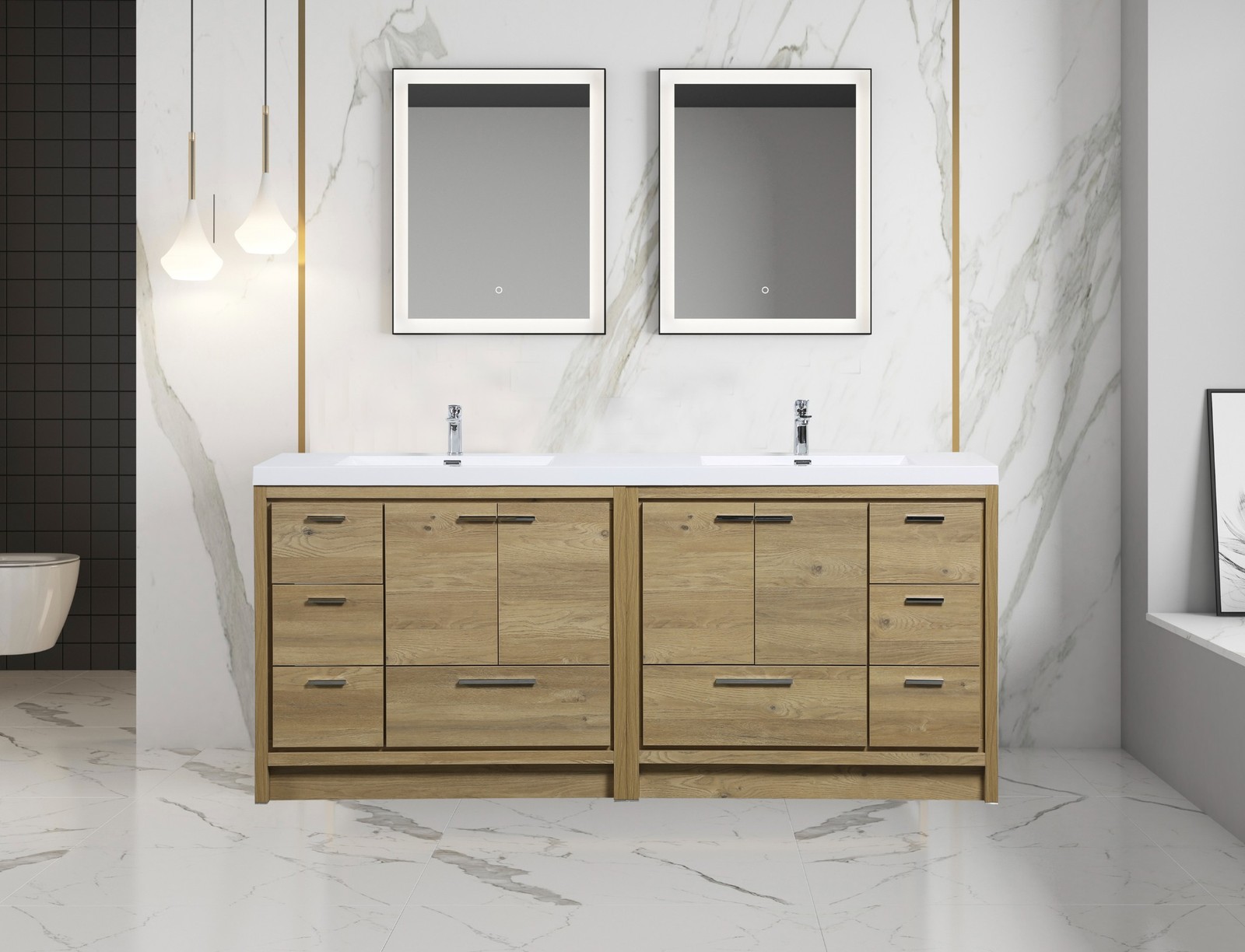 Alma-Allier 84″ Natural Oak Finish Vanity With A Integrated Sink