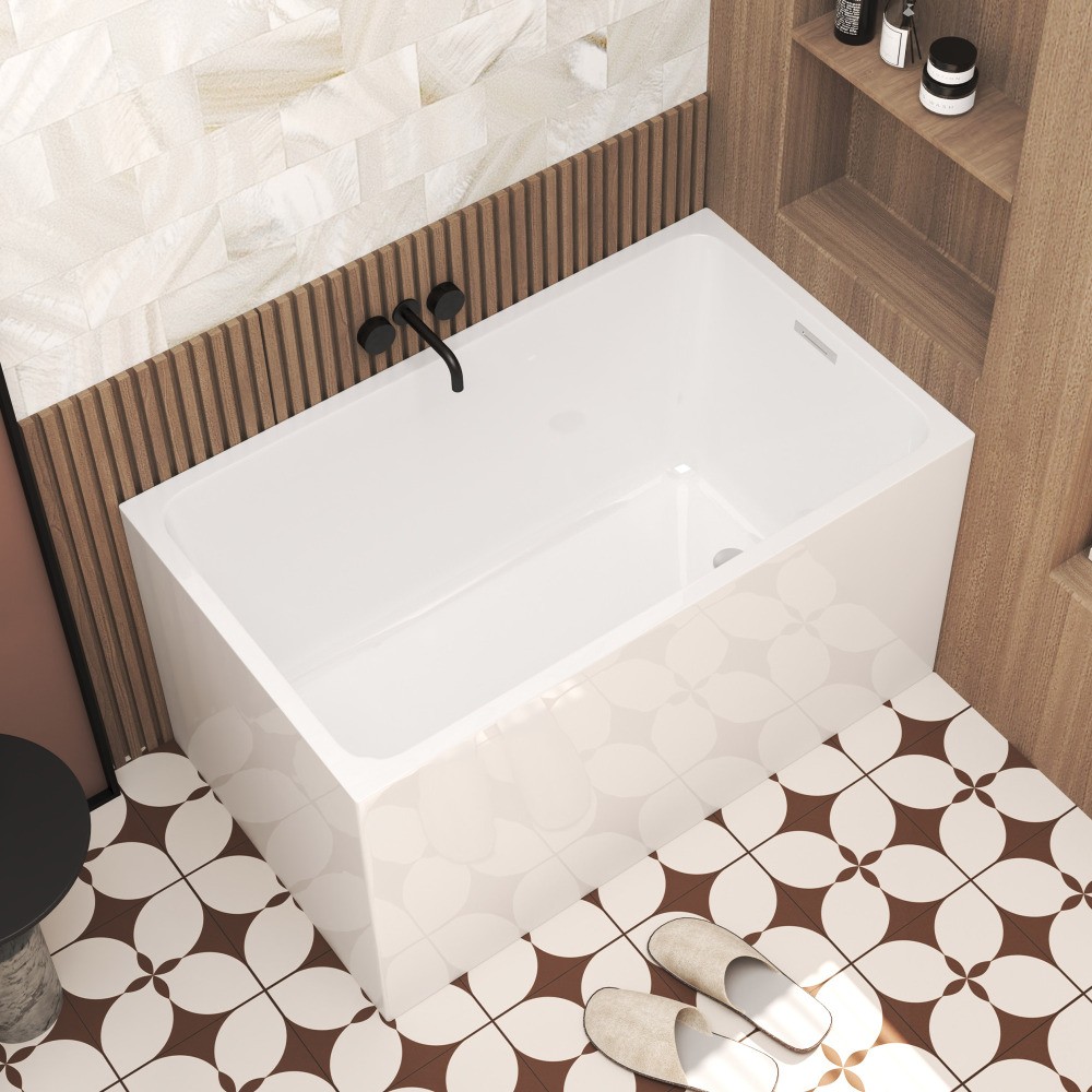 White Rectangular 47×28-inch Acrylic Soaking Tub, Chrome Drain, Easy Clean