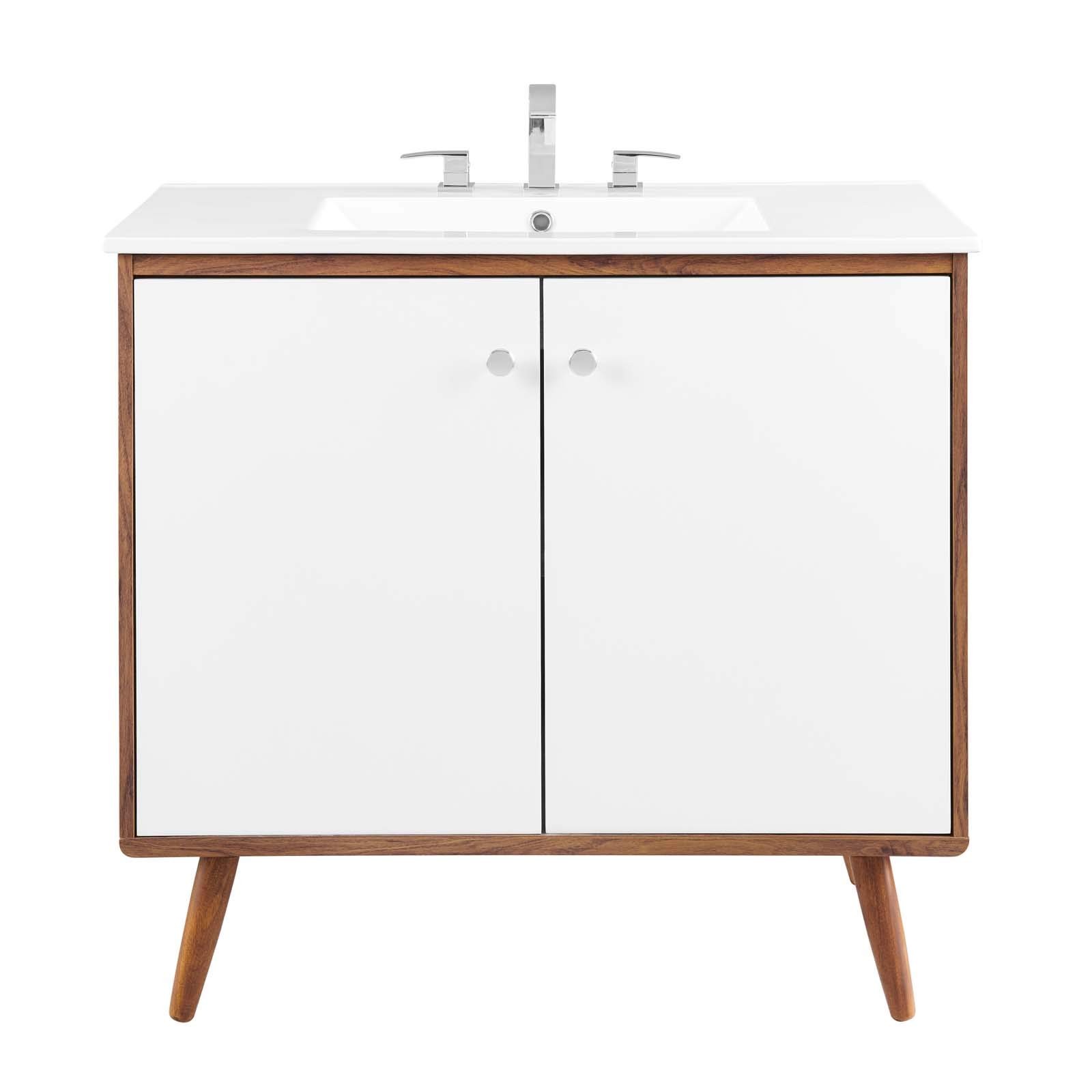 Modway Transmit 36″ Modern Wood and Ceramic Bathroom Vanity in Walnut/White