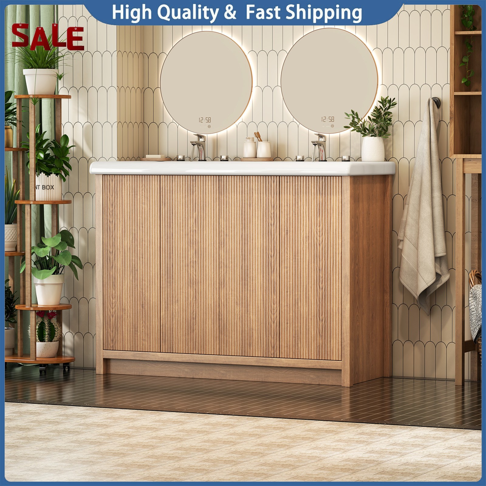 47″ Large Bathroom Vanity Double Ceramic Sink Freestanding Cabinet Storage