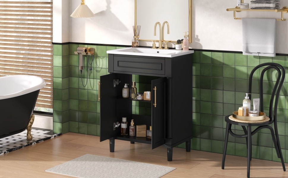 24″ Bathroom Vanity w/ Sink & 2 Doors, Black, 34.95″ H Solid Wood+MDF