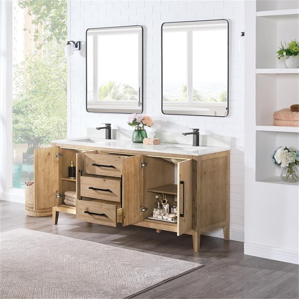 Laurel 72″ Wood Vanity in Weathered Fir Calacatta White Quartz Top with Mirror
