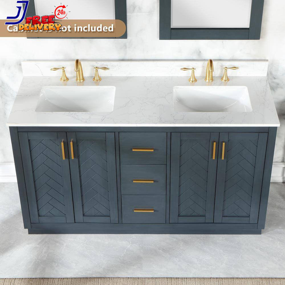Ceres 61″ Engineered Stone Vanity Top in Grain White with Double White Sinks