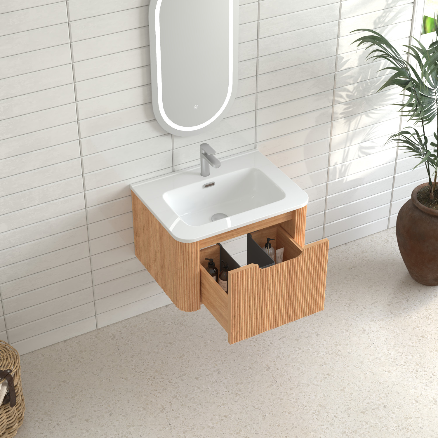 24″ Wall-Mounted Floating Bathroom Vanity with White Ceramic Basin Walnut