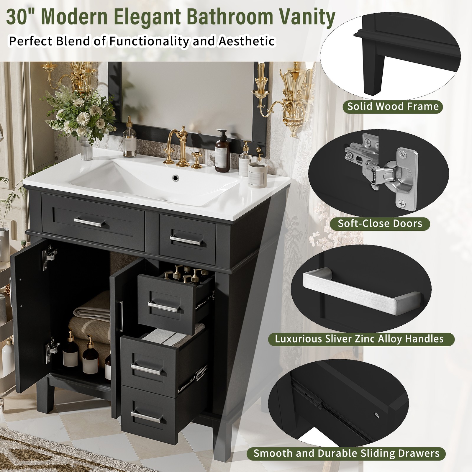 30″ Bathroom Vanity with Ceramic Sink, Soft-Close Doors & Drawers