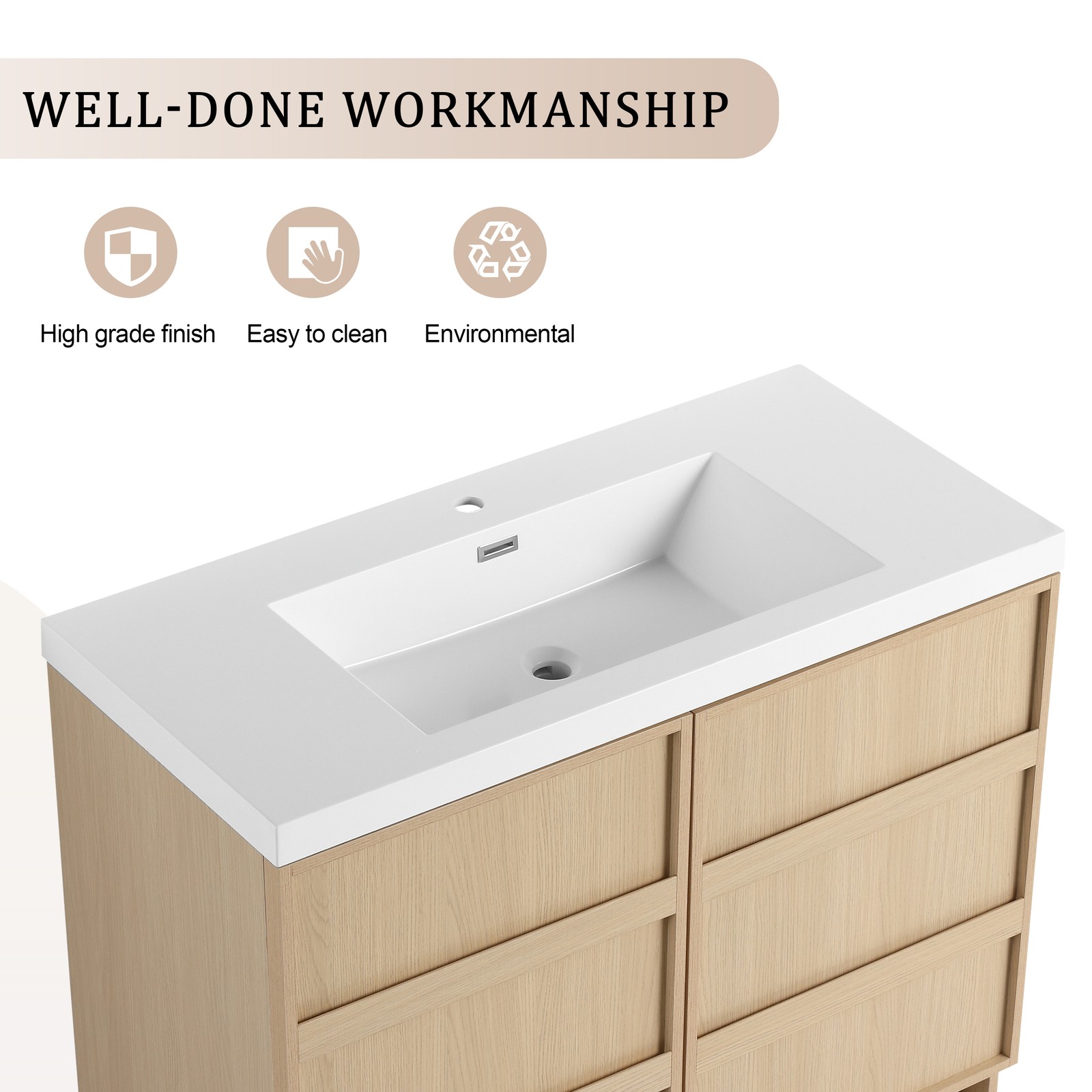 42 Inch Plywood Freestanding Bathroom Vanity Cabinet 2 Doors With Resin Sink Oak