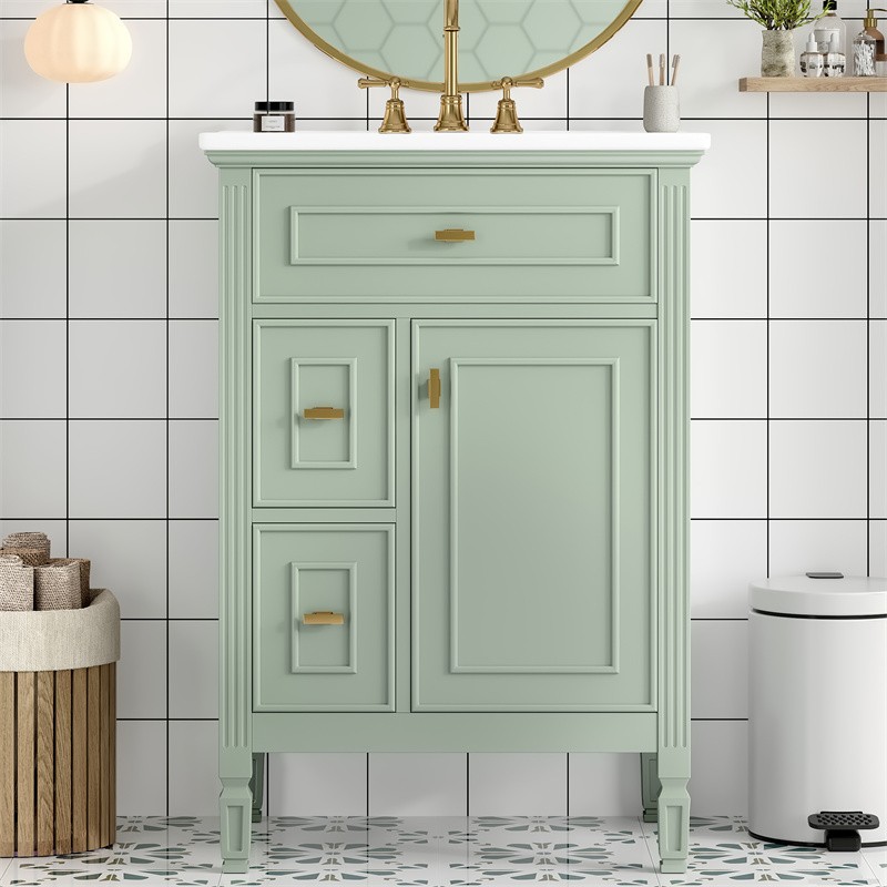 24-In Modern Bathroom Vanity with Ceramic Sink,Green Wood Cabinet with 3 Drawers