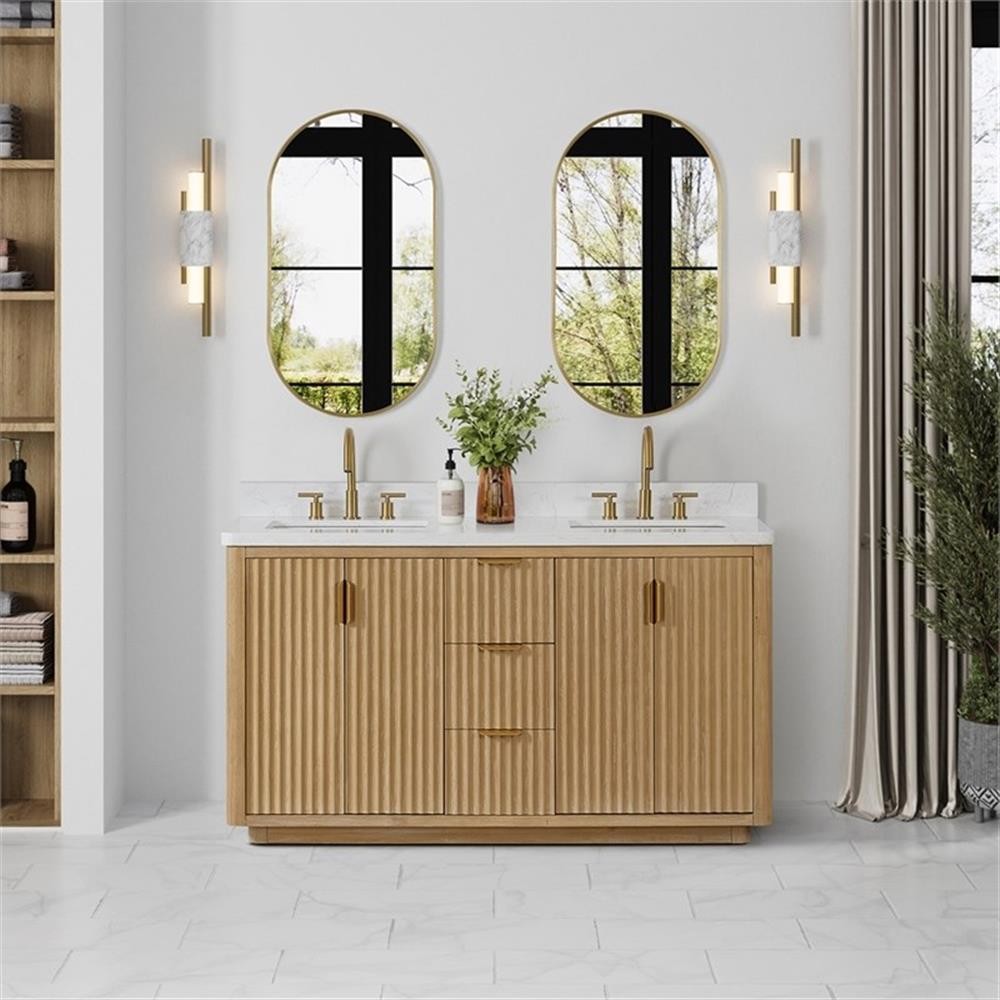 Cadiz 60″ Double Bathroom Vanity in Washed Ash Grey w/Lightning White top&Mirror