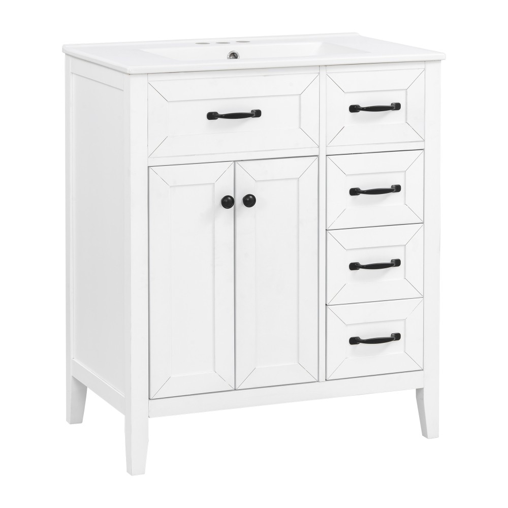 30″ White Bathroom Vanity with Ceramic Sink Freestanding Vanity with Black Metal