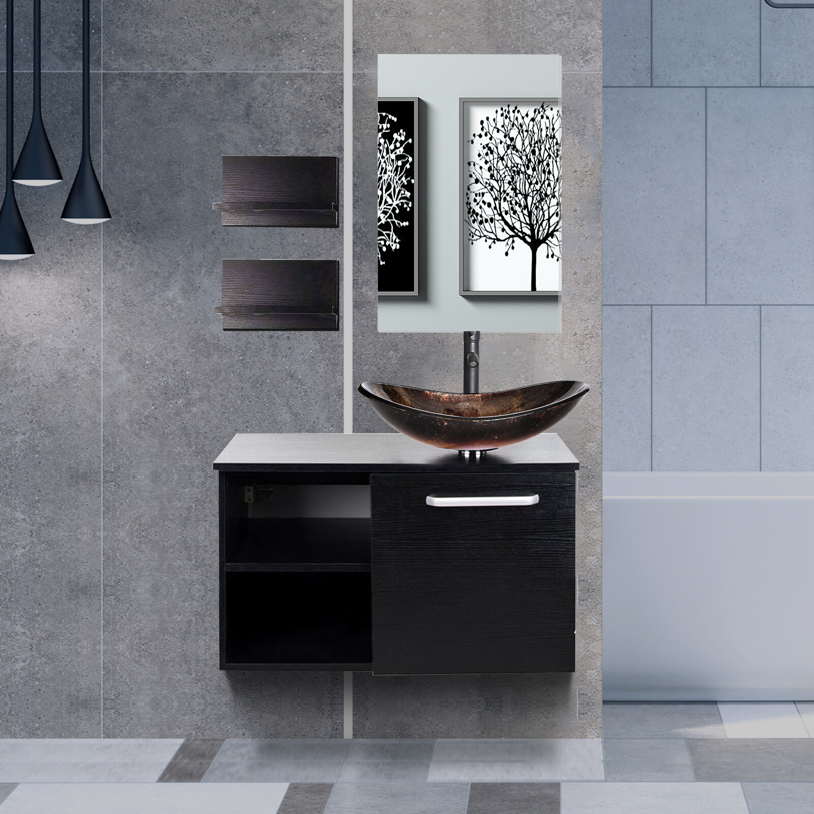 28 inch Bathroom Vanity With Vessel Sink Set Wall Mounted w/Side Shelves &Mirror
